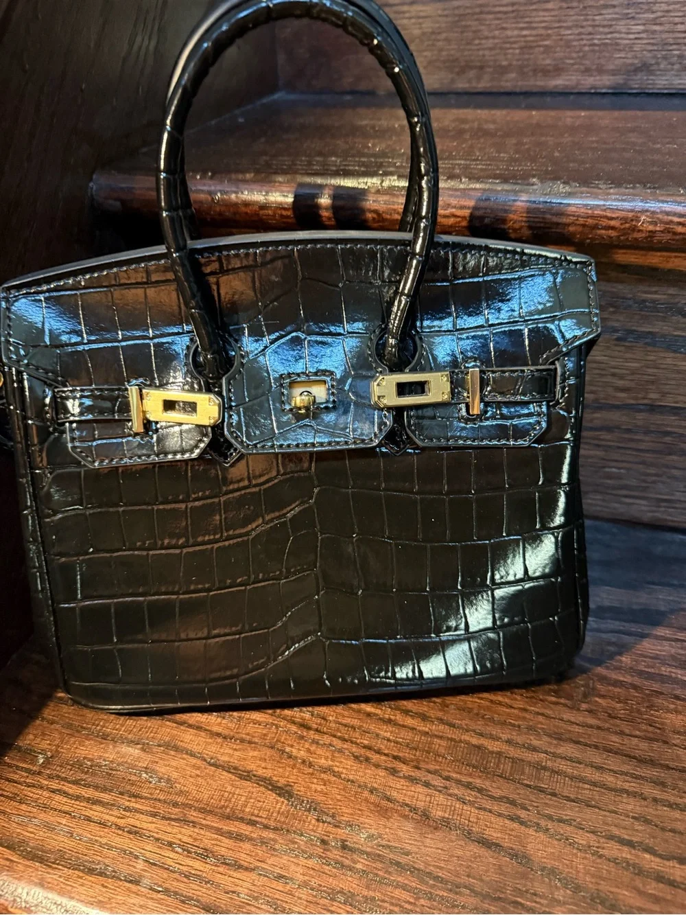 Black Croc-Embossed Top-Handle Bag with Gold Hardware